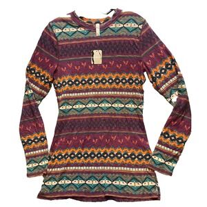 Free‎ People Movement Shirt Youth Large Burgundy Aztec Pullover $68 MSRP NWT